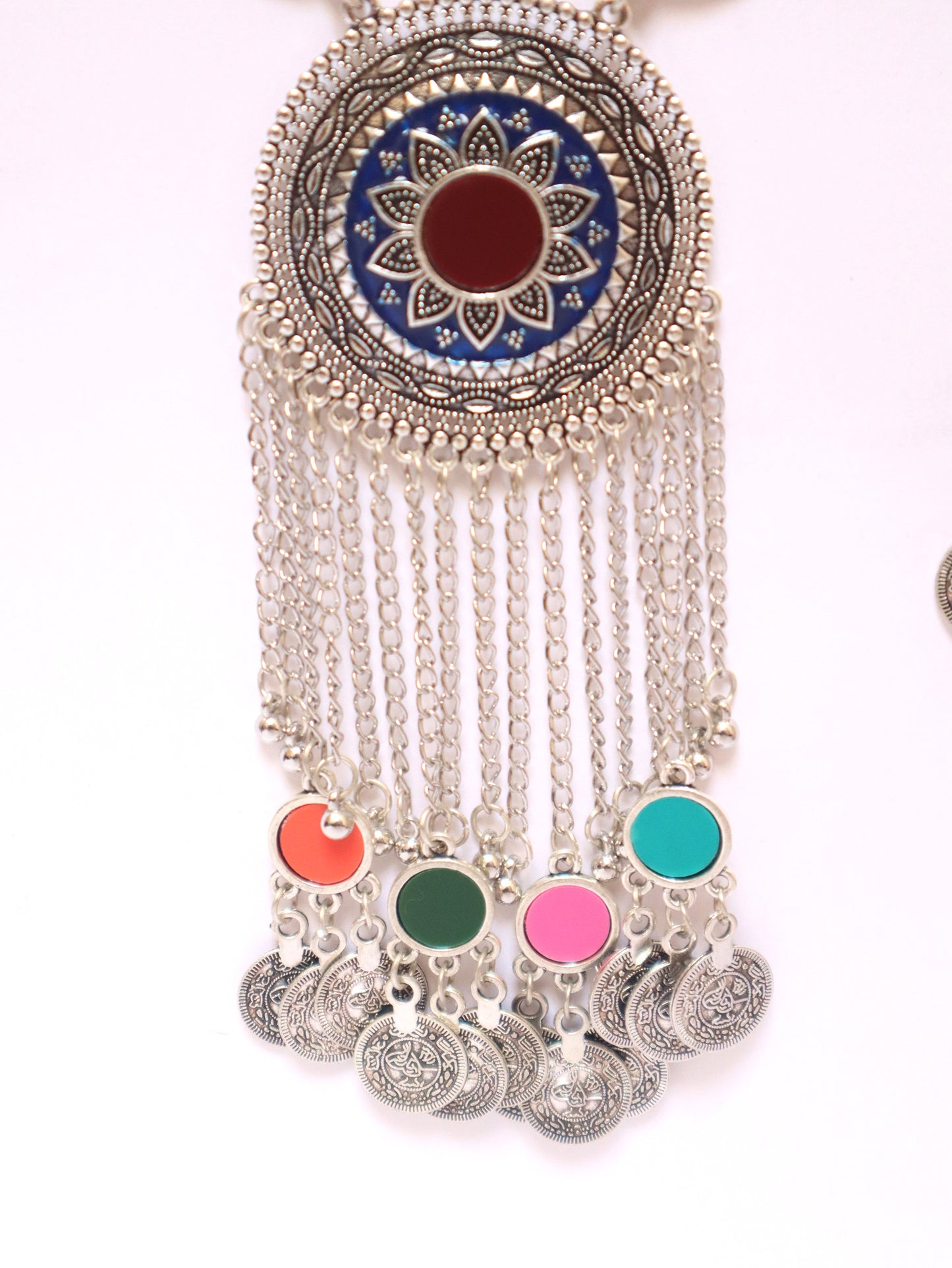 Boho Tribal Oxidized Silver Necklace Set | Multicolor Enamel & Mirror Work |