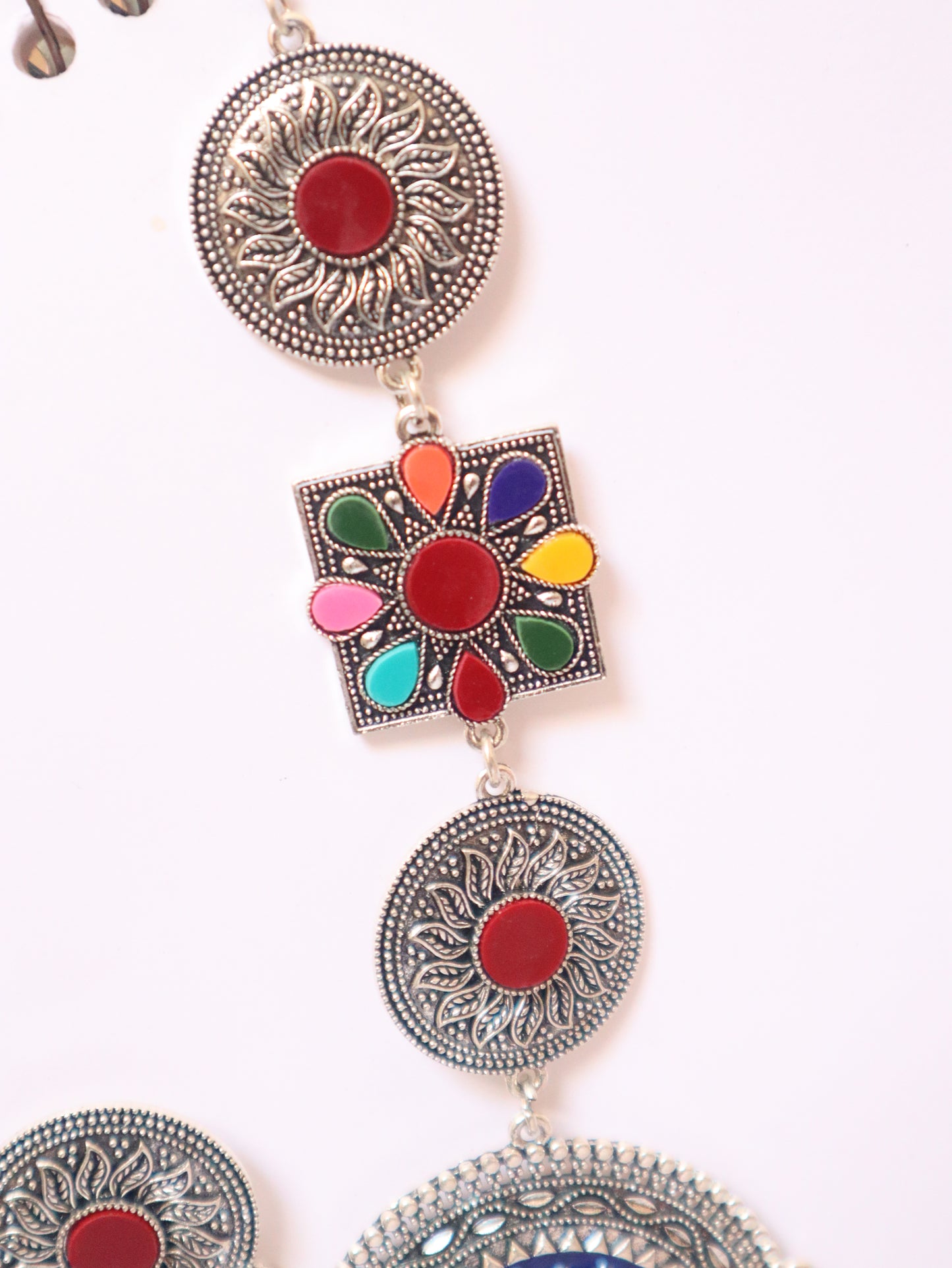 Boho Tribal Oxidized Silver Necklace Set | Multicolor Enamel & Mirror Work |