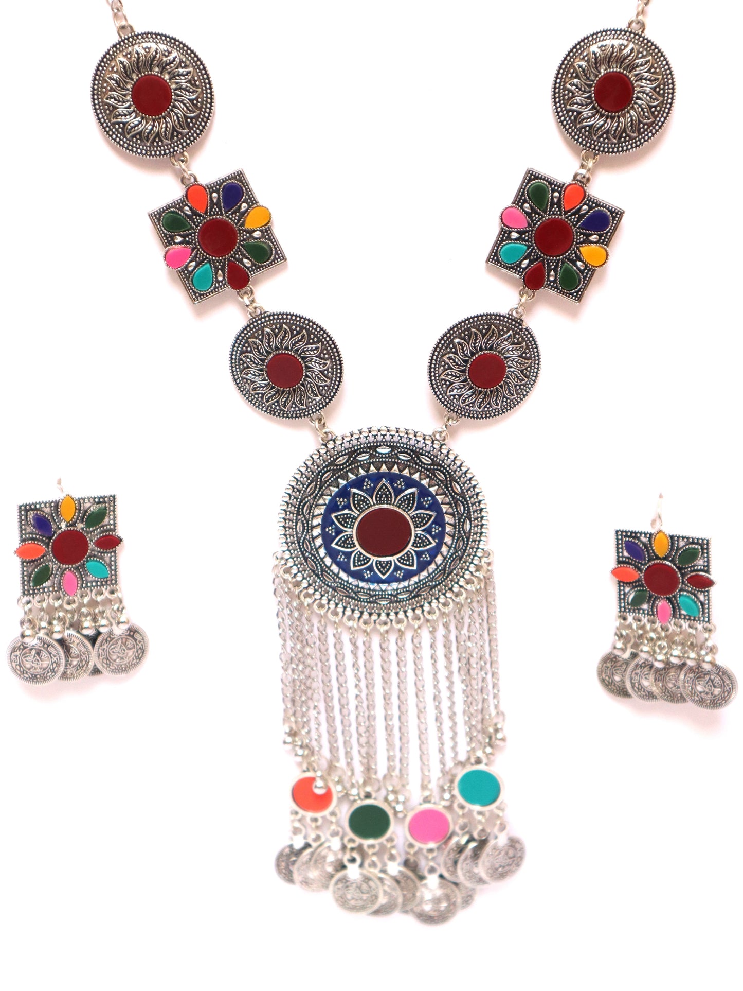 Boho Tribal Oxidized Silver Necklace Set | Multicolor Enamel & Mirror Work |