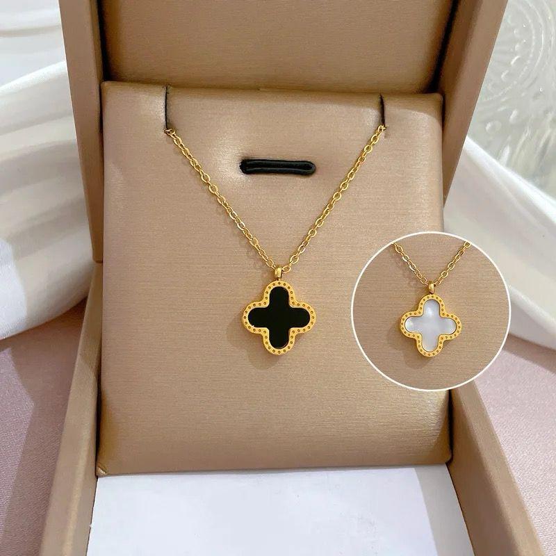 Black 4-Leaf Clover Pendant Necklace with Golden Chain – Lucky Charm Jewelry Gift for Women & Girls korean fashion