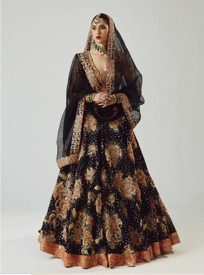 Hussain Rehar-Black Satin Silk Lehenga UnStiched