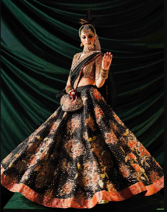 Hussain Rehar-Black Satin Silk Lehenga UnStiched