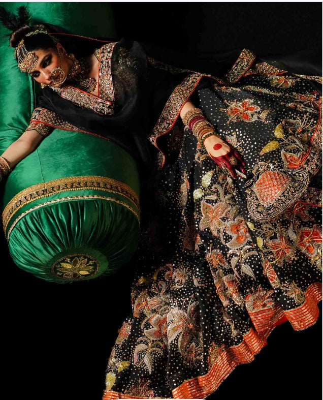 Hussain Rehar-Black Satin Silk Lehenga UnStiched
