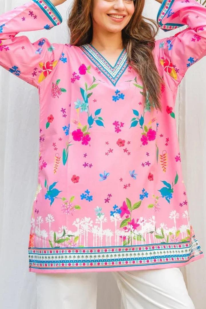 Printed V-Neck Shirt & Plain Trouser Stiched- KD01