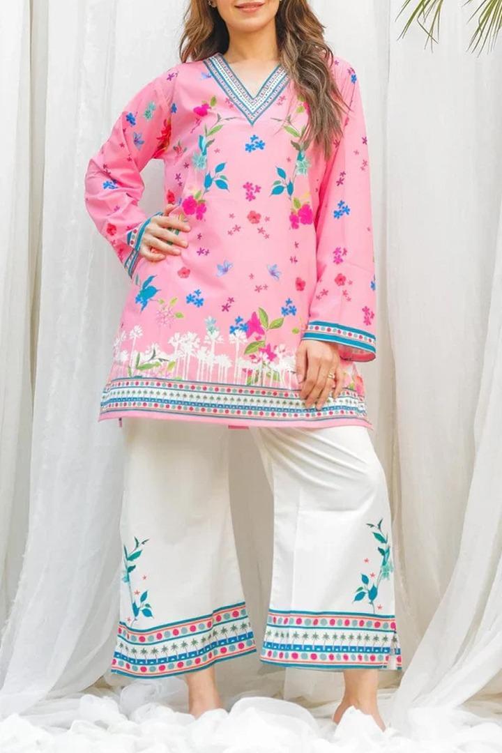 Printed V-Neck Shirt & Plain Trouser Stiched- KD01