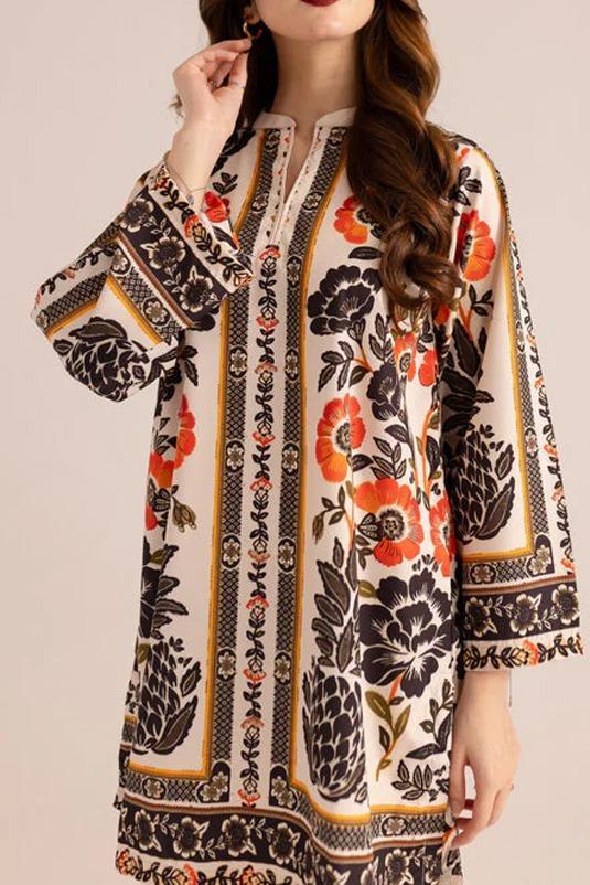 V- Neck Printed Shirt & Trouser 2 Pcs Stiched-KD05