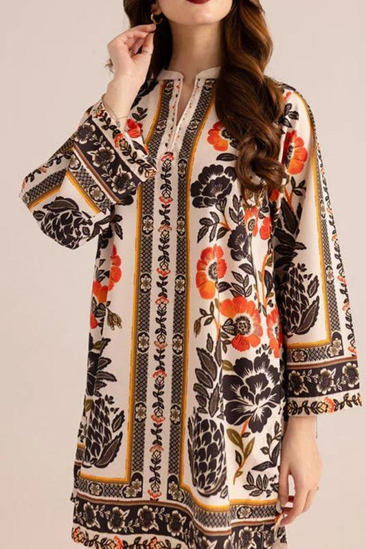 V- Neck Printed Shirt & Trouser 2 Pcs Stiched-KD05