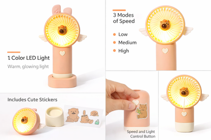 Mini Teddy Wings Hand Fan LED USB Rechargeable 3 Speed Fan