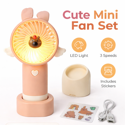 Mini Teddy Wings Hand Fan LED USB Rechargeable 3 Speed Fan