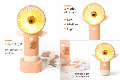 Mini Teddy Wings Hand Fan LED USB Rechargeable 3 Speed Fan