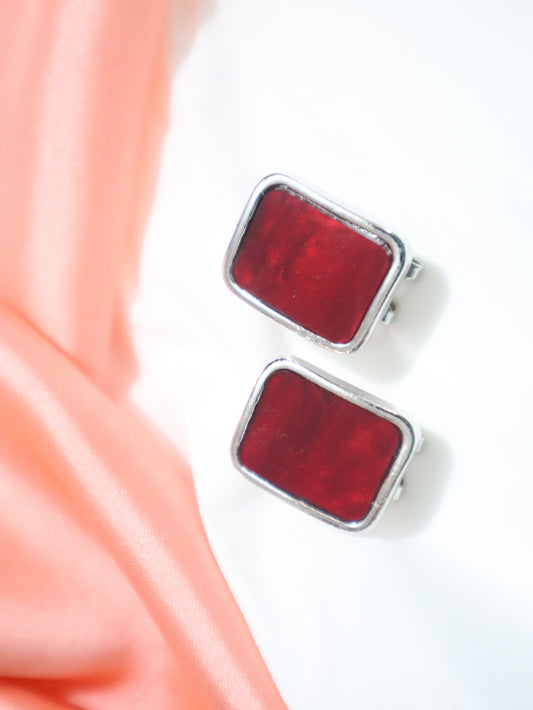 Vintage Red Rectangle Clip-On Earrings – Glossy Retro Silver&Golden  Frame Statement Jewelry