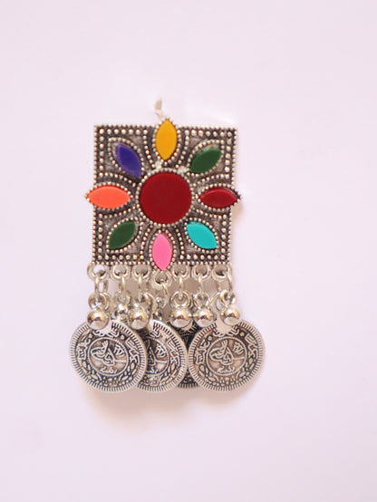 Boho Tribal Oxidized Silver Necklace  Set | Multicolor Enamel & Mirror Work |