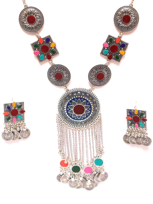 Boho Tribal Oxidized Silver Necklace  Set | Multicolor Enamel & Mirror Work |