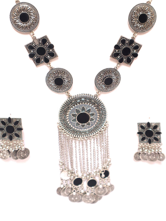 Bohemian Oxidized Silver Black Beaded Antique Necklace Set