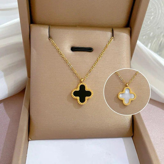 Black 4-Leaf Clover Pendant Necklace with Golden Chain – Lucky Charm Jewelry Gift for Women & Girls korean fashion