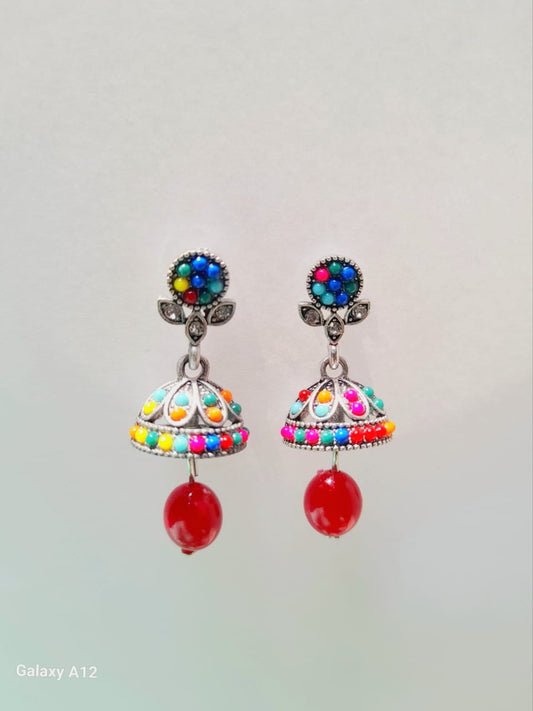 Colorful Oxidized Jhumka Earrings with  diferent colour  Bead Drop with silver touch – Ethnic Boho Jewelry
