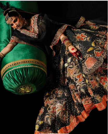 Hussain Rehar-Black Satin Silk Lehenga UnStiched