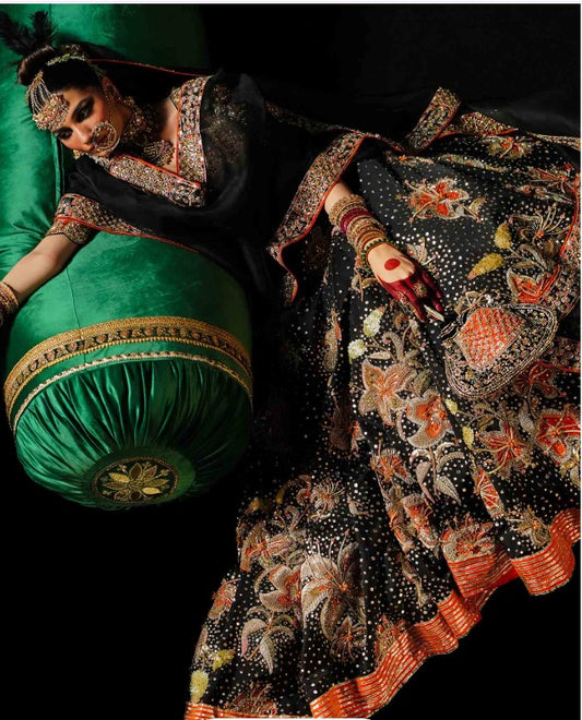 Hussain Rehar-Black Satin Silk Lehenga UnStiched