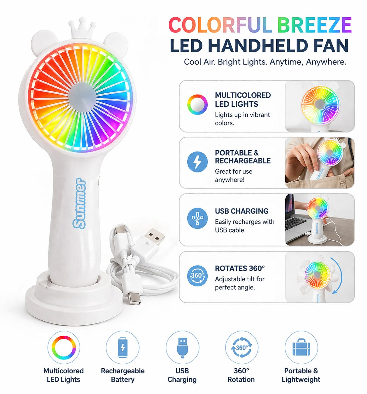 Mini Crown Hand Fan LED Light USB Rechargeable Portable Fan