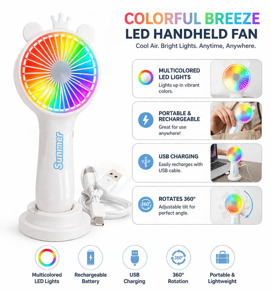 Mini Crown Hand Fan LED Light USB Rechargeable Portable Fan