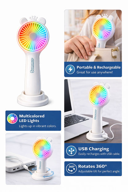 Mini Crown Hand Fan LED Light USB Rechargeable Portable Fan