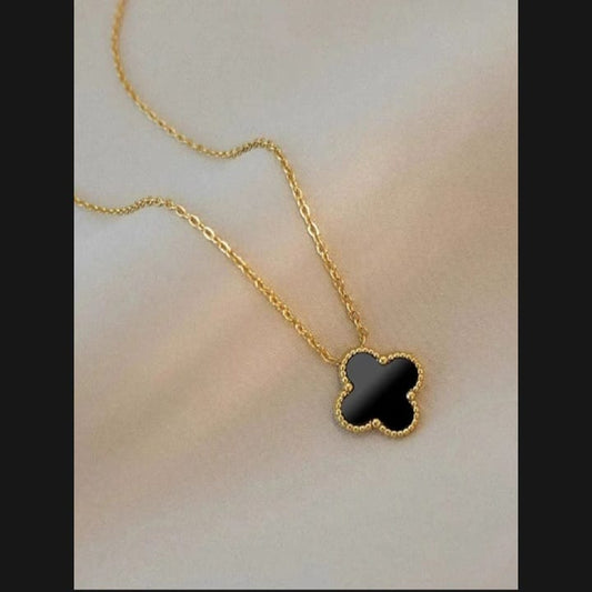 Black 4-Leaf Clover Pendant Necklace with Golden Chain – Lucky Charm Jewelry Gift for Women & Girls korean fashion